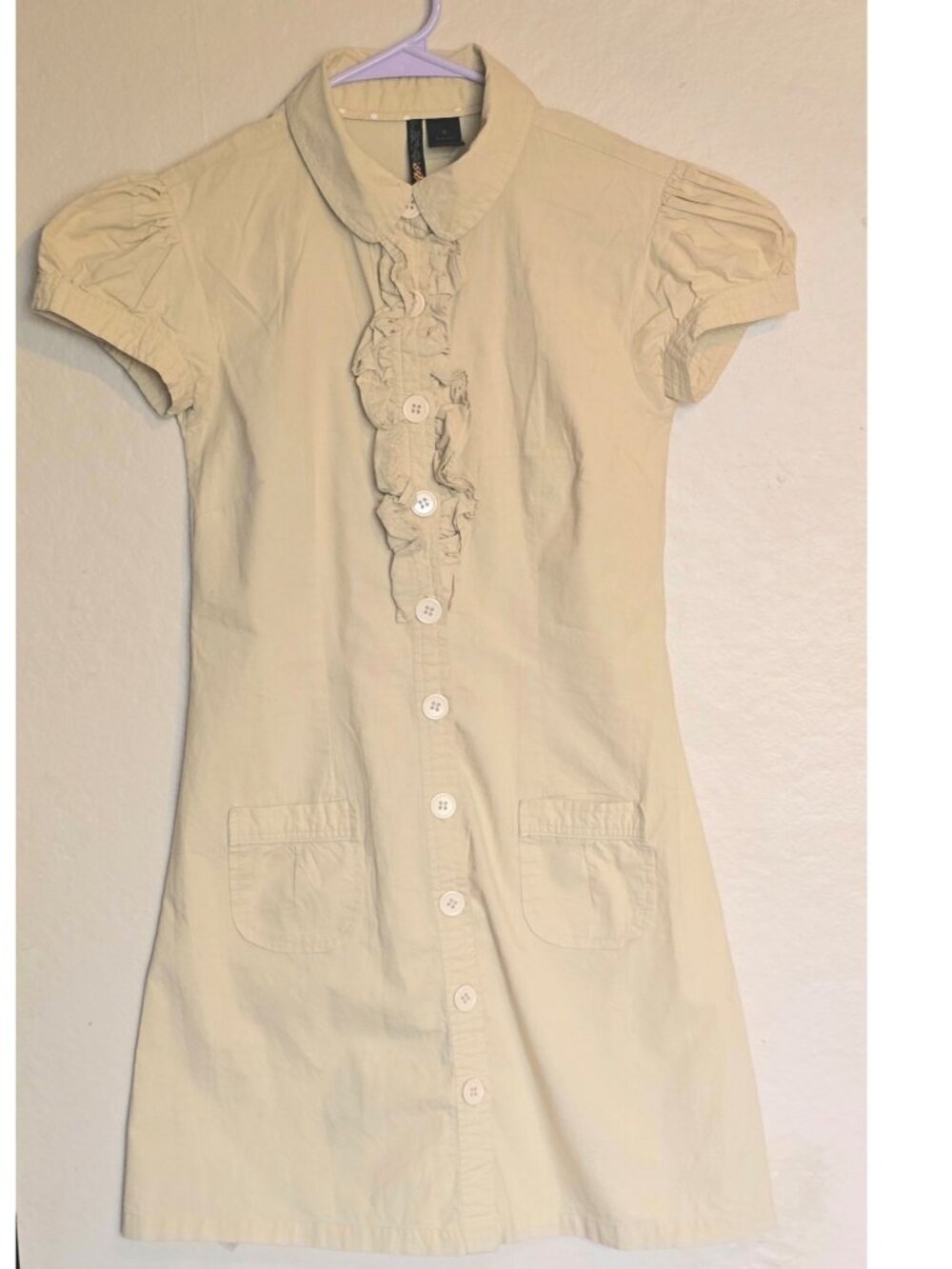 Vintage Ruffle Front Puff Sleeve Button Down Shirt Dress Light Beige Sz M by Apo